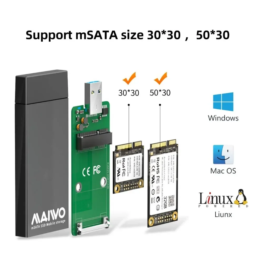 Maiwo msata para usb 3.0 adaptador caso para 30x50mm mini sata ssd 5gbps 2tb capacidade gabinete de unidade externa nenhum cabo necessário