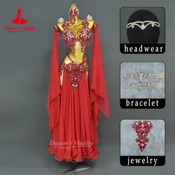 Belly Dance Performance Custome Suit for Women Customsized AB Stones Bra+long Skirt+2pcs Adult Children Oriental Stage Outfit