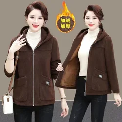 2024 Autumn Winter New Coat Women Corduroy Mother Jacket Add Velvet Warm Hooded Outerwear Ladies Casual Joker Large Size Blouse