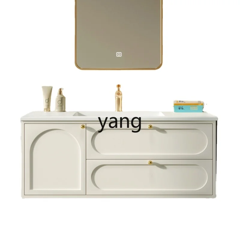 Yjq Solid Wood Paint Cream Bathroom Cabinet Hand Washing Basin Cabinet Stone Plate Ceramic Whole Washbin