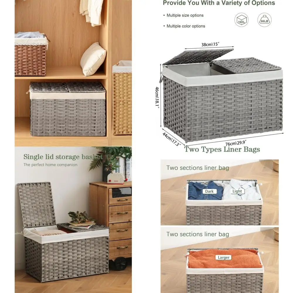 

Large Rattan Wicker Storage Basket with 2 Liners, 42.3 Gallon Capacity, Gray