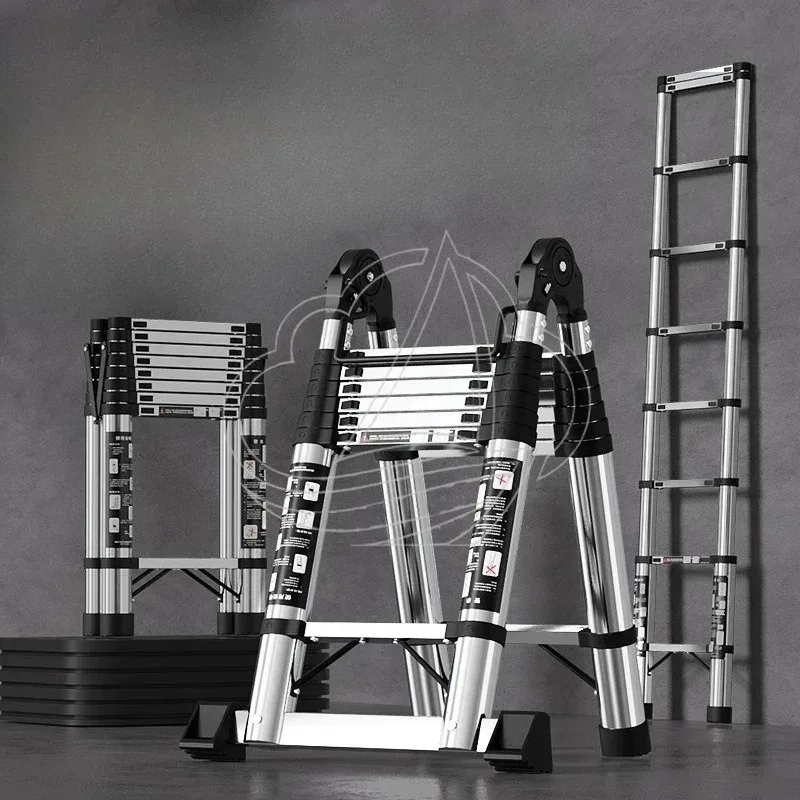 Multifunctional Stainless Steel Telescopic Ladder, Portable Straight & Herringbone Ladder, Engineering Extension Step Ladder