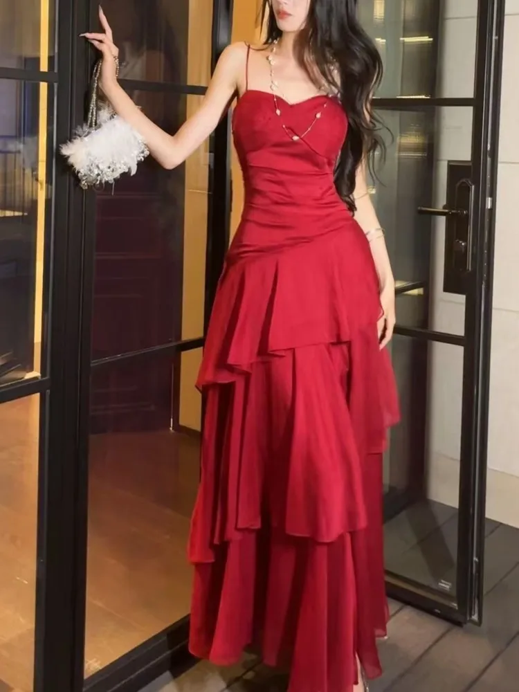 Moda elegante babados em camadas cinta de espaguete vestidos femininos a linha cintura fina chique cocktail festa vestido de noite vestido de férias