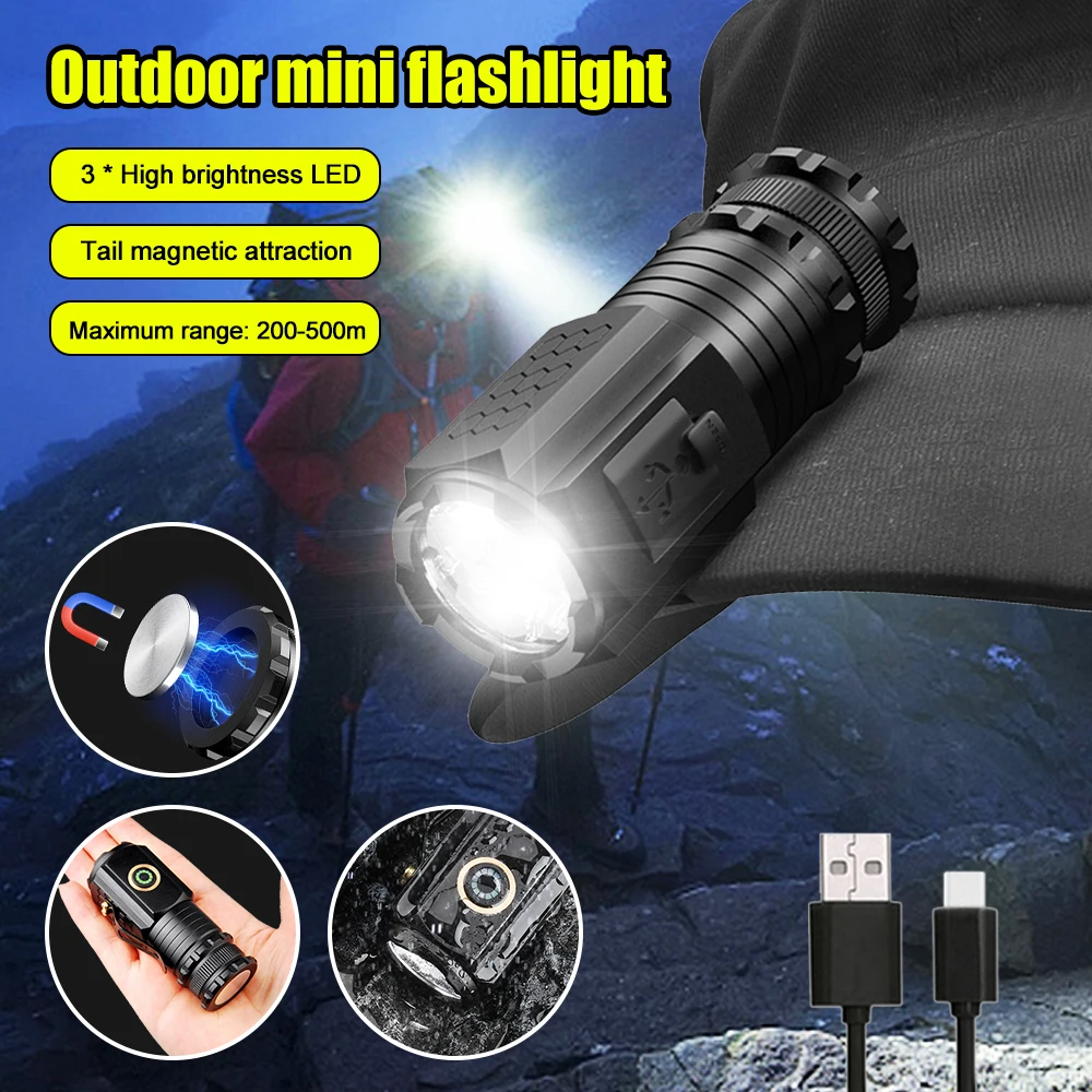 Mini LED Flashlight Outdoor Strong Light Flashlight Portable Spotlight Long Range Torch Lamp with Magnet Rechargeable Camping