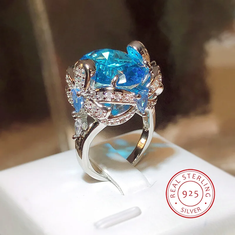 Luxury Sparkly Light Blue Zircon Flower Ring High Quality Banquets Birthday Party Jewelry Fashion 925 Silver Ladies Accessories