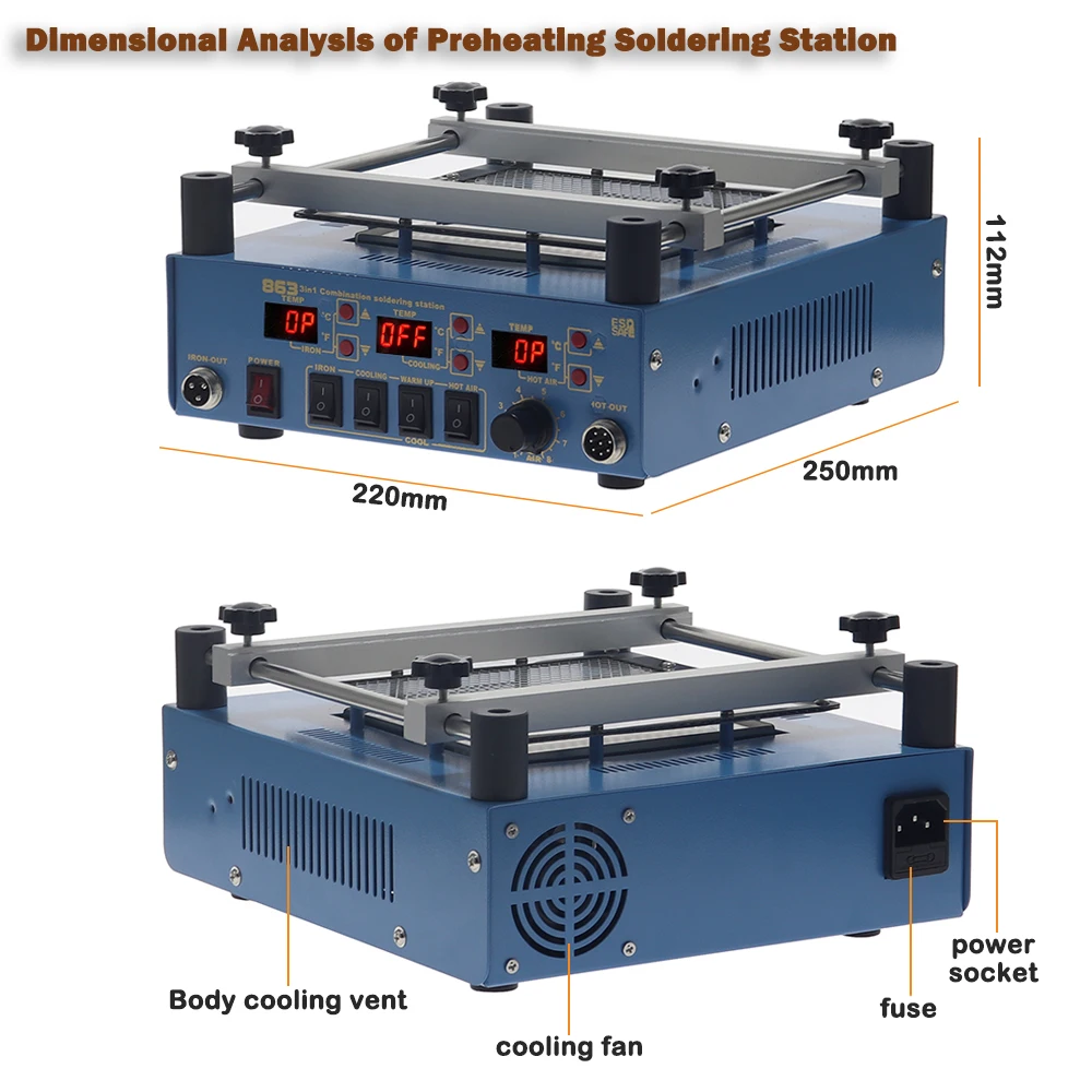 863 Soldering Station 3 in 1 Bga Rework Station PCB Preheater Soldering Station Iron Heat Gun Welding Station Phone Repair Tools