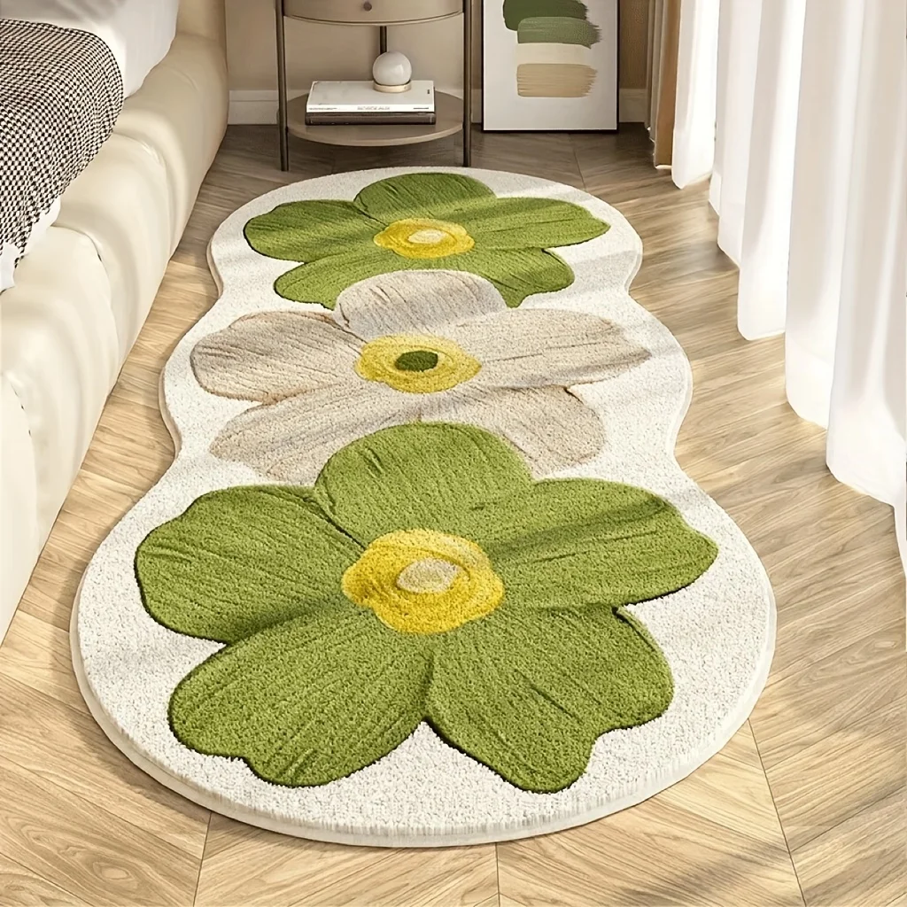 VIKAMA Plüsch-Blumenbereichsmatte im nordischen Stil, dekorativer Teppich mit blauen und beigen Blumen für Schlafzimmer, Teppich für Mädchenzimmer, Heimdekoration – Detail 2