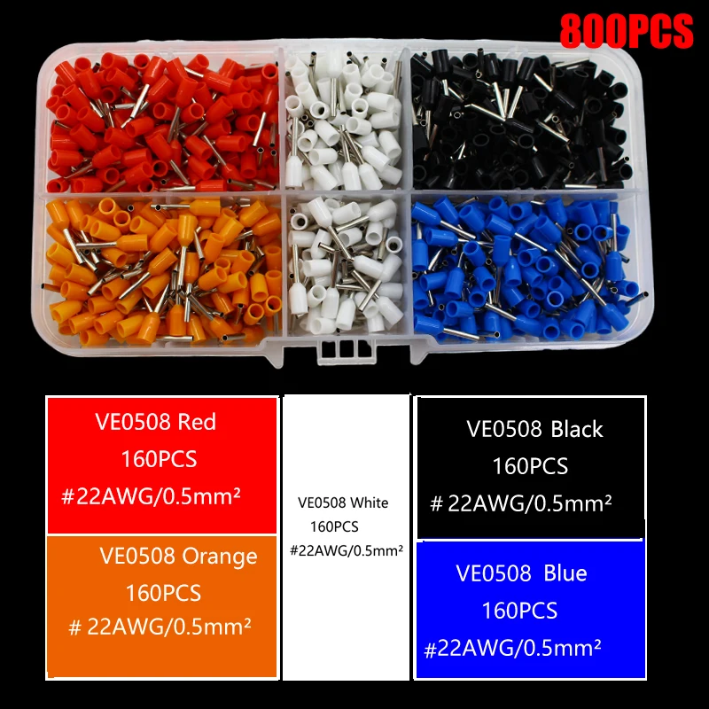 

300/800PCS/Boxed VE Tubular Crimp Terminal Electrical Wire Insulated Terminator Block Cord End Connector Crimping Terminals Kit