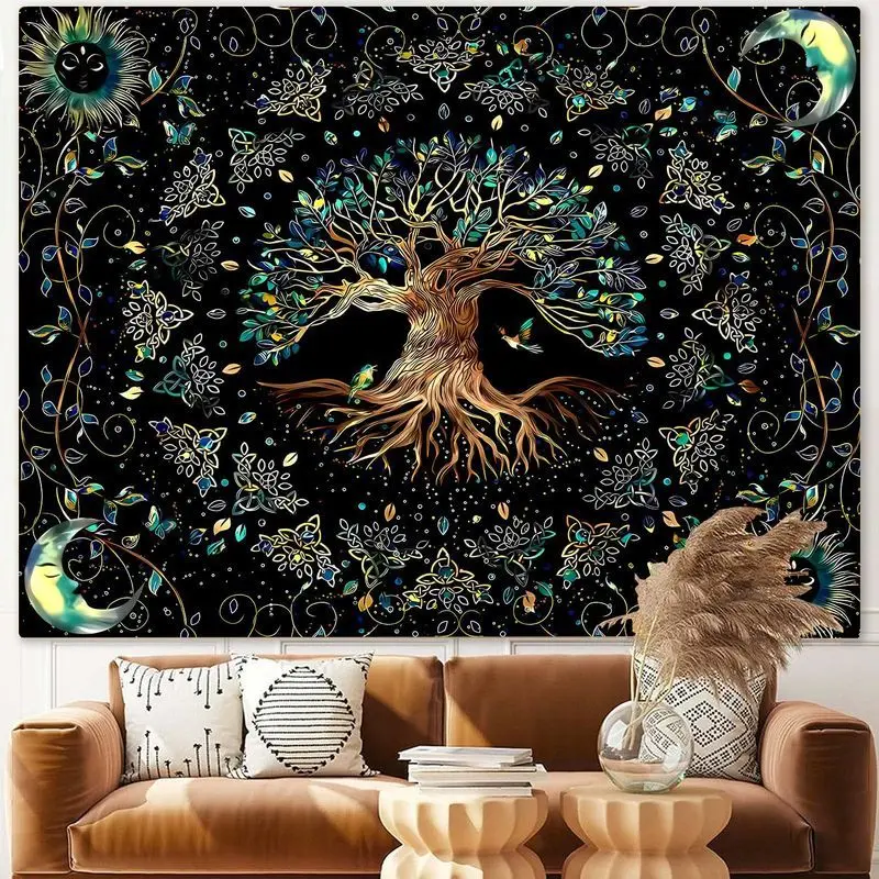 VIKAMA Tree of Life Tapestry Wall Hanging Boho Sun Moon Stars Mandala Floral Gold Line Art Aesthetic Wall Art Bedroom Decor