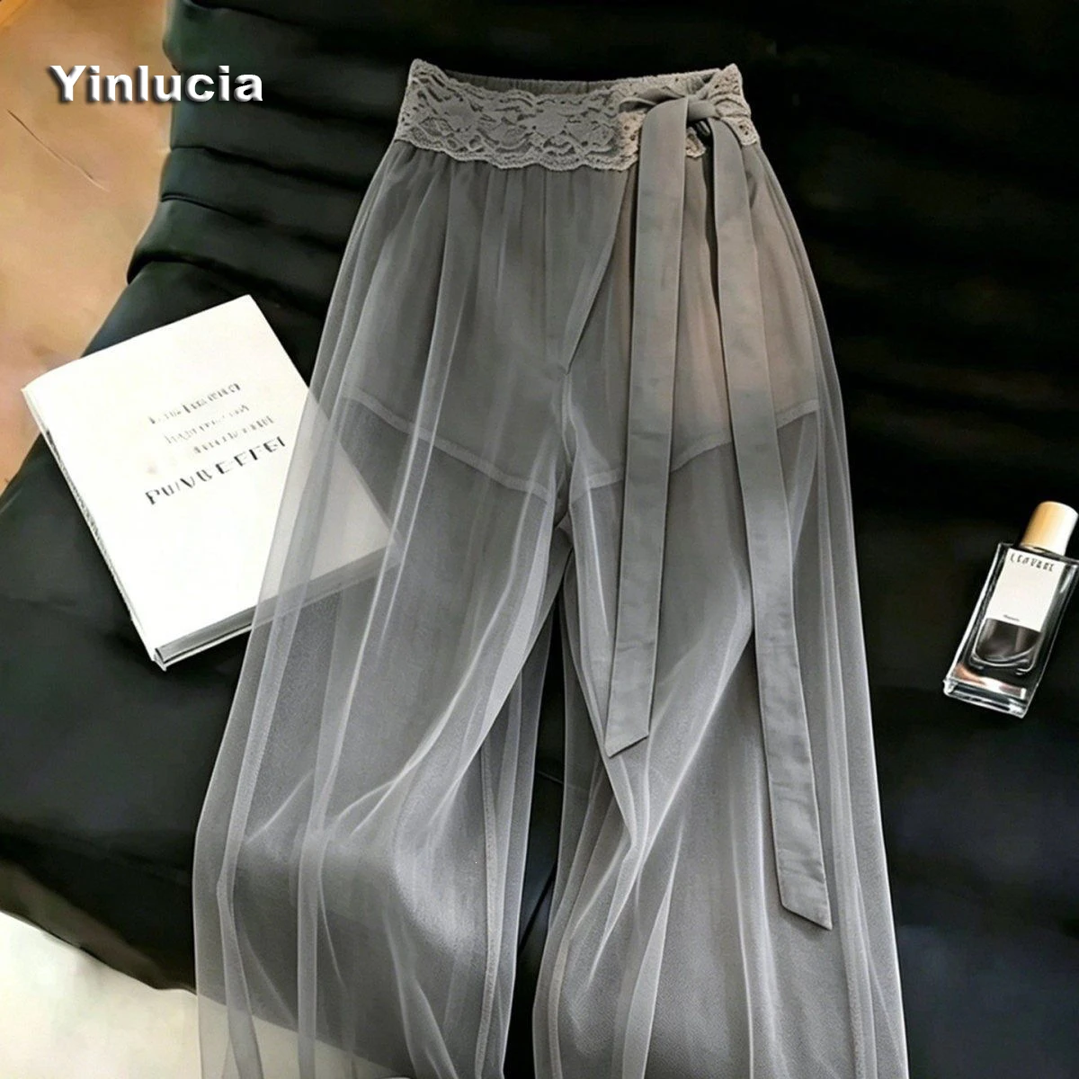 Grey Lace Waist Strap Mesh Wide Leg Pants Sexy Perspective Hanging Gauze High Waisted Loose Long Pants Summer Cool 2026New