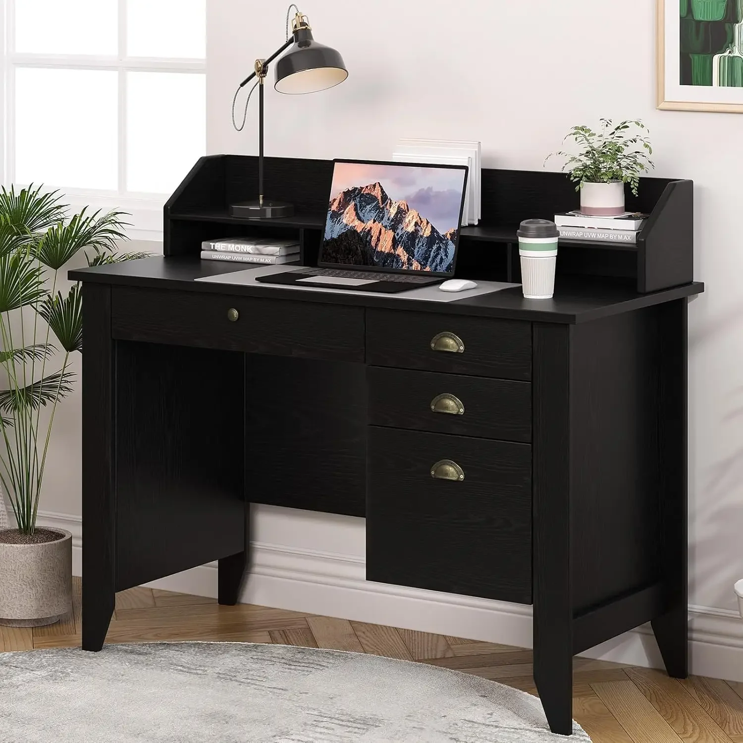 

Black Desk Drawers Small File Monitor Stand Computer Storage Writing Bedroom Home Office
