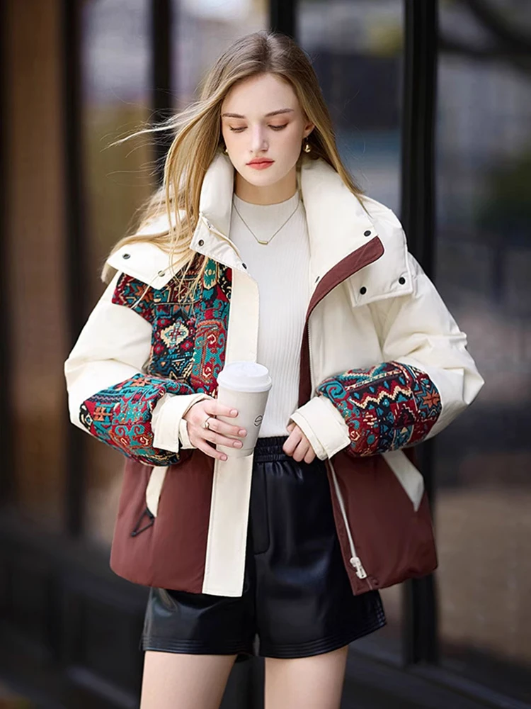 

Winter Embroidery Hooded Patchwork Down Jacket Women White Duck Down Warm Jackets Female Thick Quilted Short Parka Outwears Coat