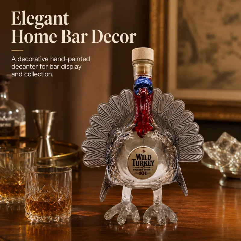 Novelty Turkey Whiskey Decanter, Clear Glass Liquor Bottle with Colorful Head and Feather Design, Unique Home Bar Display