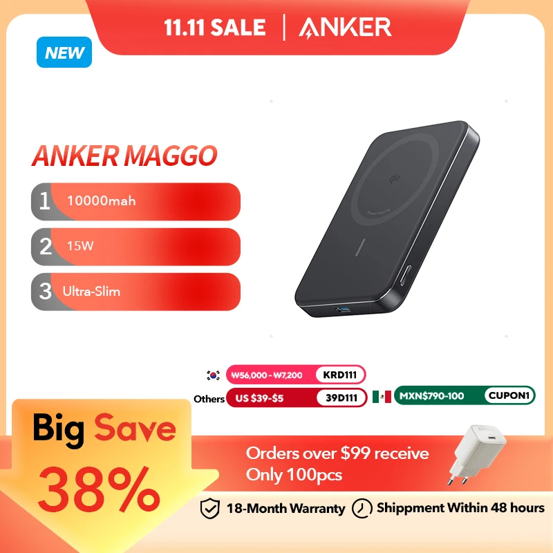 Anker MagGo Power Bank, Ultra-Slim 10,000mAh Magnetic Battery Pack, Qi2 Certified 15W Ultra-Fast MagSafe Compatible Portable