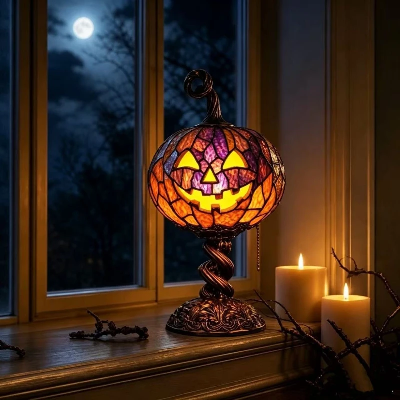 New Halloween Vintage Stained Glass Pumpkin Atmosphere Table Lamp Resin Craft Creative Home Decor Ornament for Festive Season