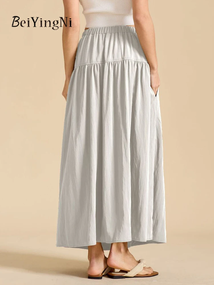 Beiyingni New In Women Long A-line Skirt Solid Color Casual Elegant High Waist Maxi Skirts Female Ruched 2025 Faldas Clothing