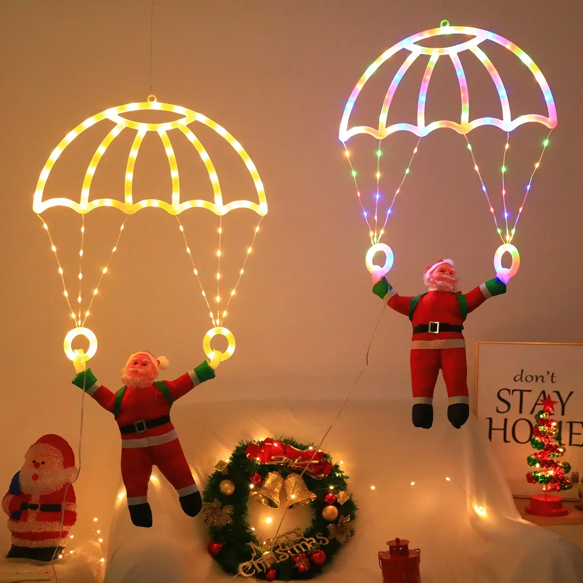 Santa Parachute LED Decor-USB-Powered 8 Modes Remote Control Indoor Outdoor Application Great for Christmas Home Festivities