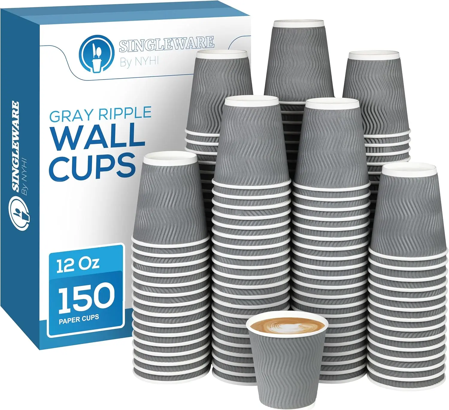 

Set of 150 Ripple Insulated Gray 12 oz Paper Cups Coffee Tea Hot Cups Recyclable 3 Layer Rippled Wall For Better Insulat