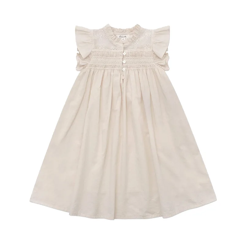 Vestido de algodón puro hecho a mano para niñas, bordado a mano, mangas voladoras, ropa Beige, cumpleaños, príncipe, vestidos de verano, novedad de