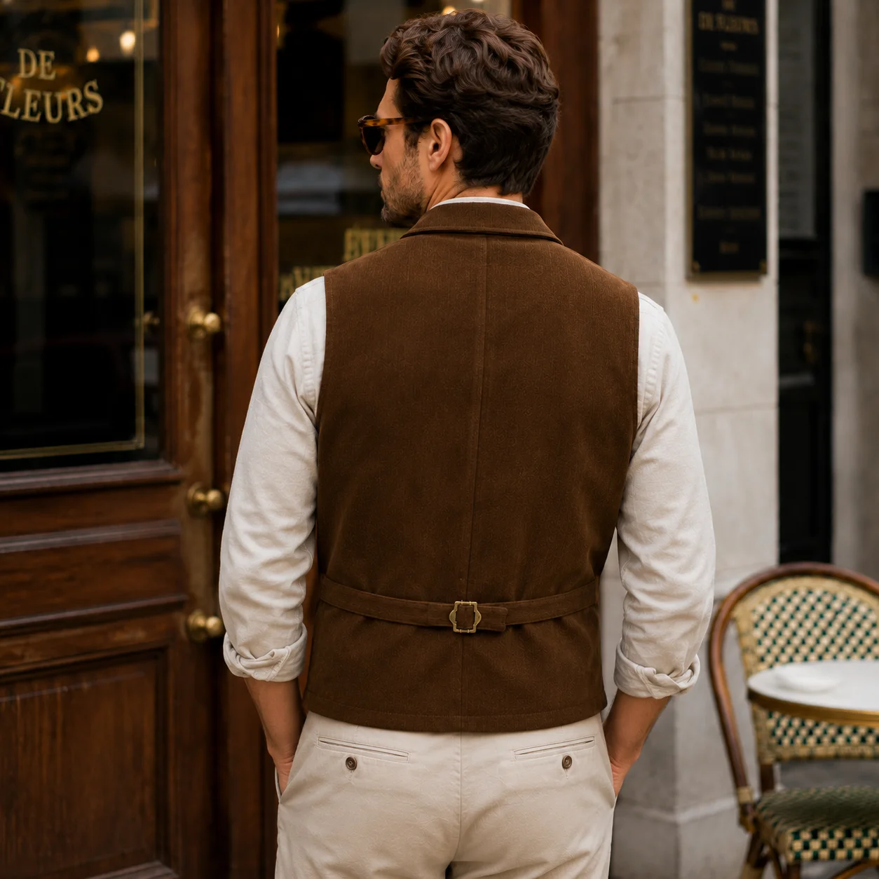 Herren Vintage Cord-Anzugweste mit Revers, Verstellbarem Rückengurt, Ärmellos, Business-Casual-Gilet mit Mehreren Taschen – Detail 11
