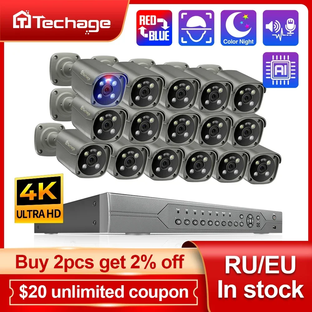 Techage 4K 16CH 8MP 5MP PoE Camera System H.265 Face Human Detect 2-way Audio Colorful Night CCTV Security Surveillance NVR Kit