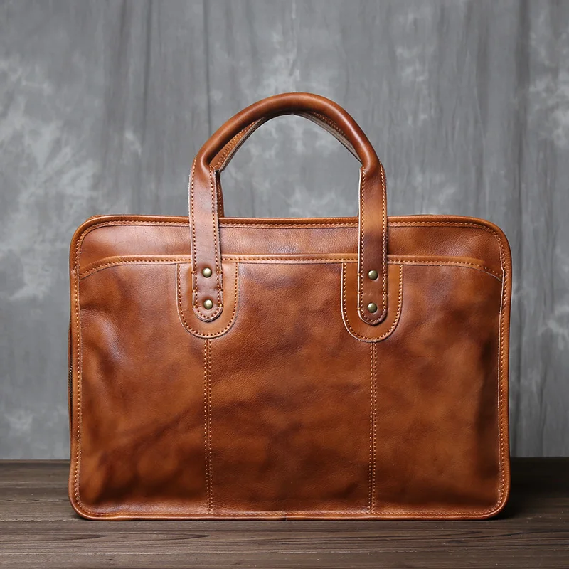 Retro Vegetable Tanned Top Layer Cowhide Briefcase For Men\'s Leather Simple Double Layer Large Capacity Color Wiping Handbag