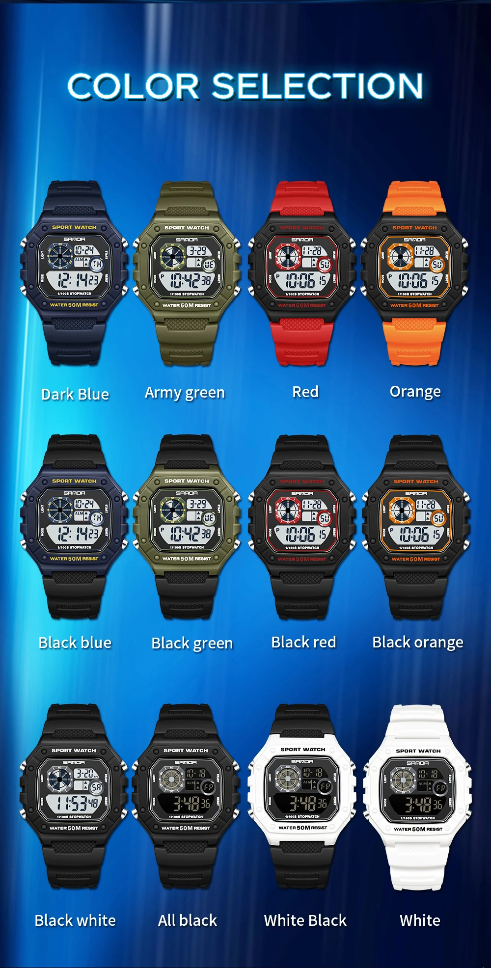 SANDA SD2202 Orologio digitale da uomo Esercito militare Sport Orologio da polso elettronico Cronometro a LED di lusso Orologio impermeabile