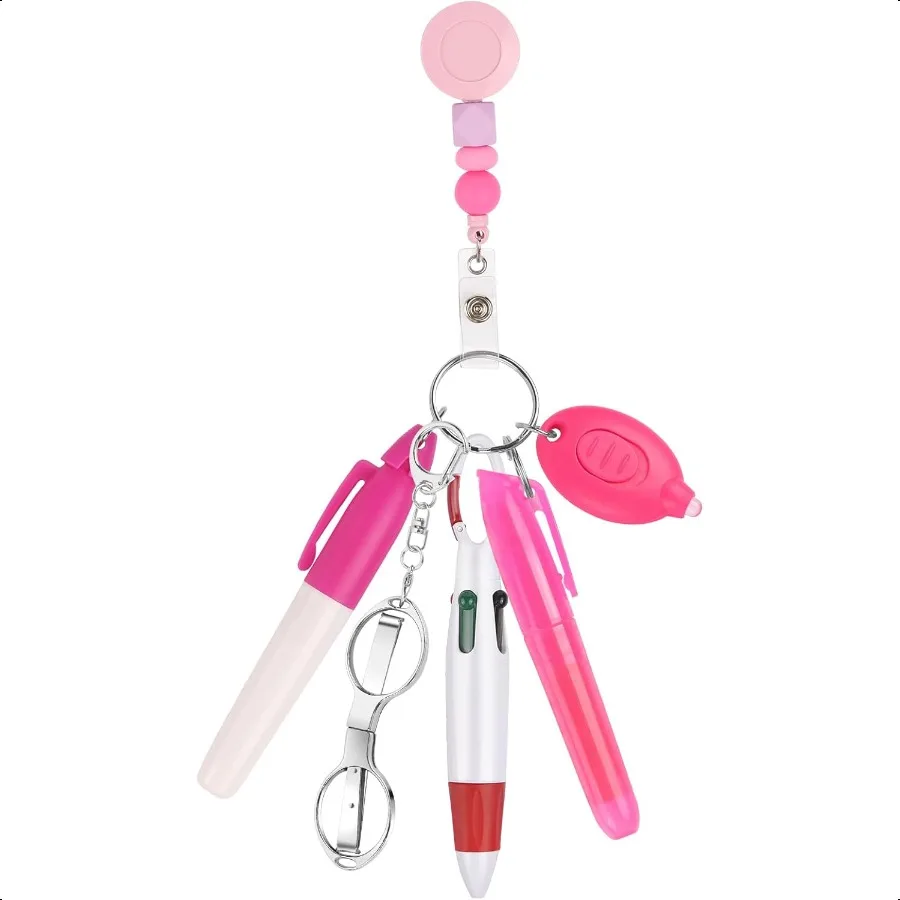 

6 Pcs Badge Accessories Set Retractable Badge Reel Clip Mini Highlighter Permanent Marker Ballpoint Pen LED Keychain Flashligh