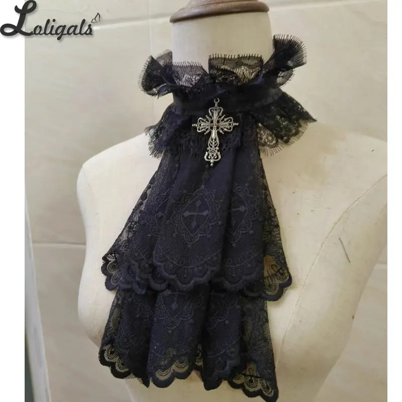 

Handmade Gothic Lace Jabot Lolita Black Cross Ouji Prince Detachable Cosplay Collar Accessories
