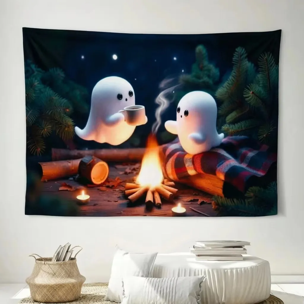 Halloween Kawaii Gothic Tapestry, Two Cute Ghosts Candle Night Scene Print Wall Hanging for Dorm Bedroom Party Decor Gift