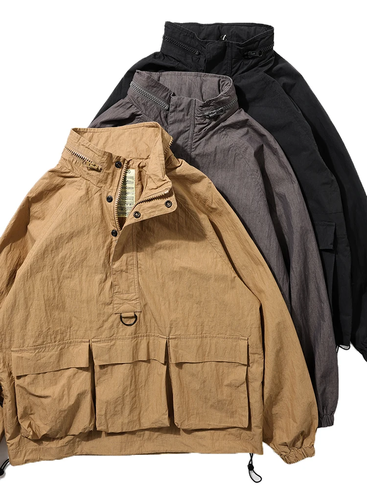 Retro Washed Spring Autumn SP Version Functional Japanese Style Hooded Jacket Multi Pocket Overhead Coat Youth Popular Loose Fit