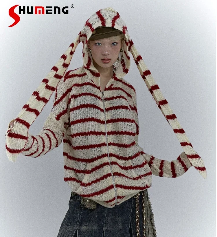 2000s Hot Girl Harajuku Aesthetic Y2k Rabbit Ear Hooded Knitted Cardigan Jacket Womens Loose Zipper Hollow Out Striped Hoodies