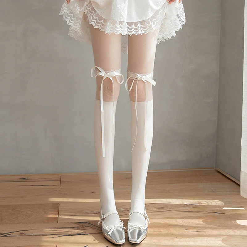 White Bow Stockings Women's Japanese JK Over-the-knee Stockings Sexy Lace High Thigh Fishnet Socks Long Lolita Socks