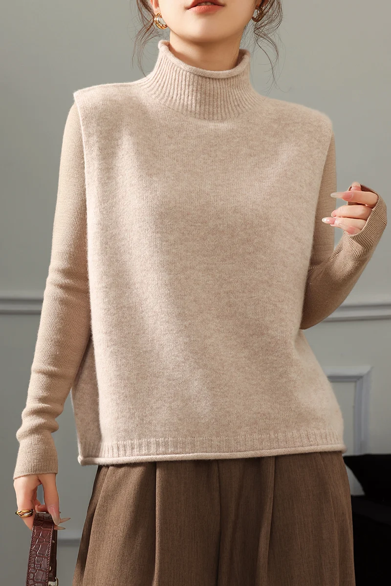 

Женский свитер без рукавов из 100% мериносовой шерсти, однотонный, с воротником-стойкой, вязаный, толстый, для осени и зимы, повседневная одежда для отдыха