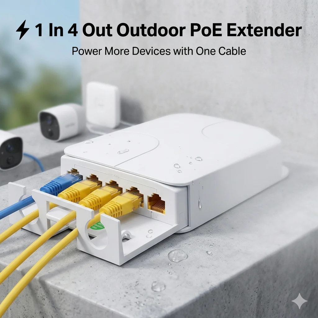 Gigabit Outdoor PoE Extender 1 Port  in 4 Port PoE Out IP55 Waterproof 802.3af/at Plug & Play Repeater