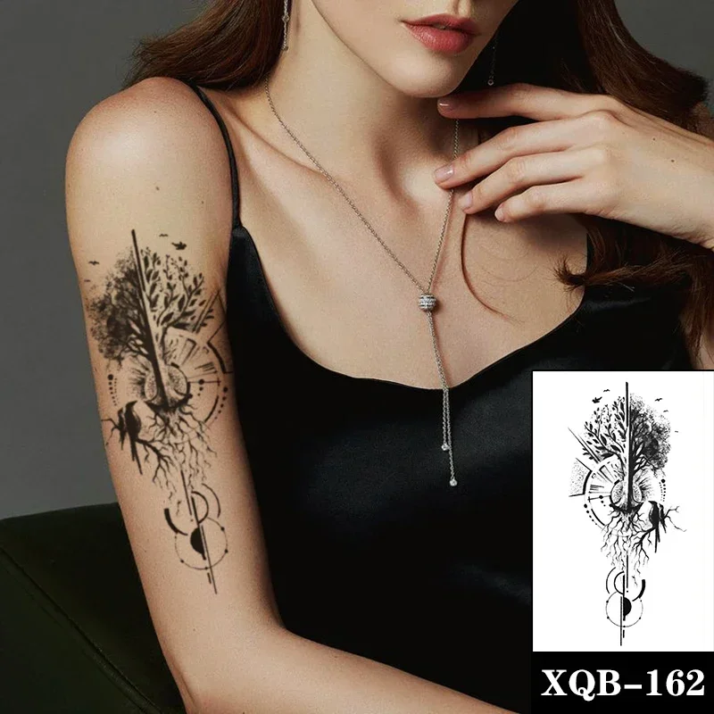 Life Tree Geometric Waterproof Temporary Tattoo Sticker Black Crow Lines Fake Tattoos Flash Tatoos Arm Body Art for Women Men