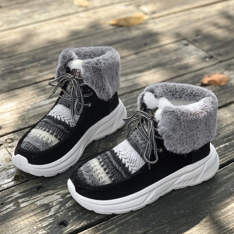 Nordic Style Woman Winter Wool Fleece Warm Boots Casual Lace Up Ankle Fur Shoes Ladies Outdoor Thick Plush High Top Sneakers