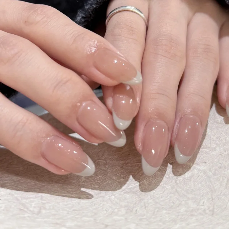 

24Pcs Mid-length French Almond Fake Nail with White Edge Design False Nails Press on Datachable Artificial Full Cover Nails Tips
