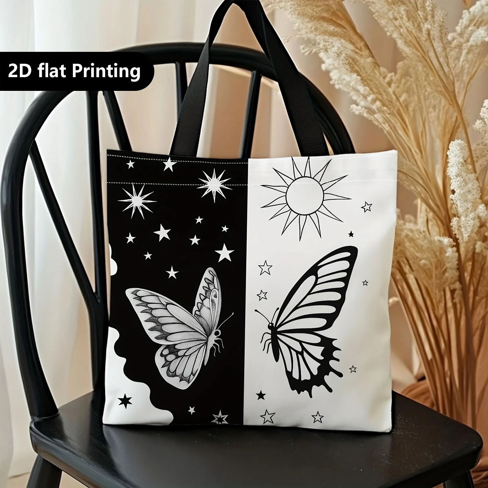 1pc Large Reusable Tote Bag with Star Eclipse Print Casual Foldable Durable Shopping Bag for Travel Parties Beach Shopping Pouch