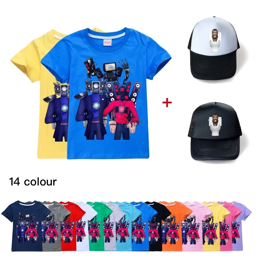 New Summer Cartoon SKIBIDI TOILET Clothes Kids Cotton Tshirt+ Sunhat 2 Pcs Set Baby Girls Casual T Shirt Boys Short Sleeve Tops