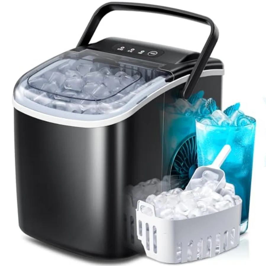 

Portable Countertop Ice Maker Machine with Handle, 9 Bullet-Shaped Ice Cubes Ready in 6 Mins, 26Lbs/24H, Self-Cleaning Function