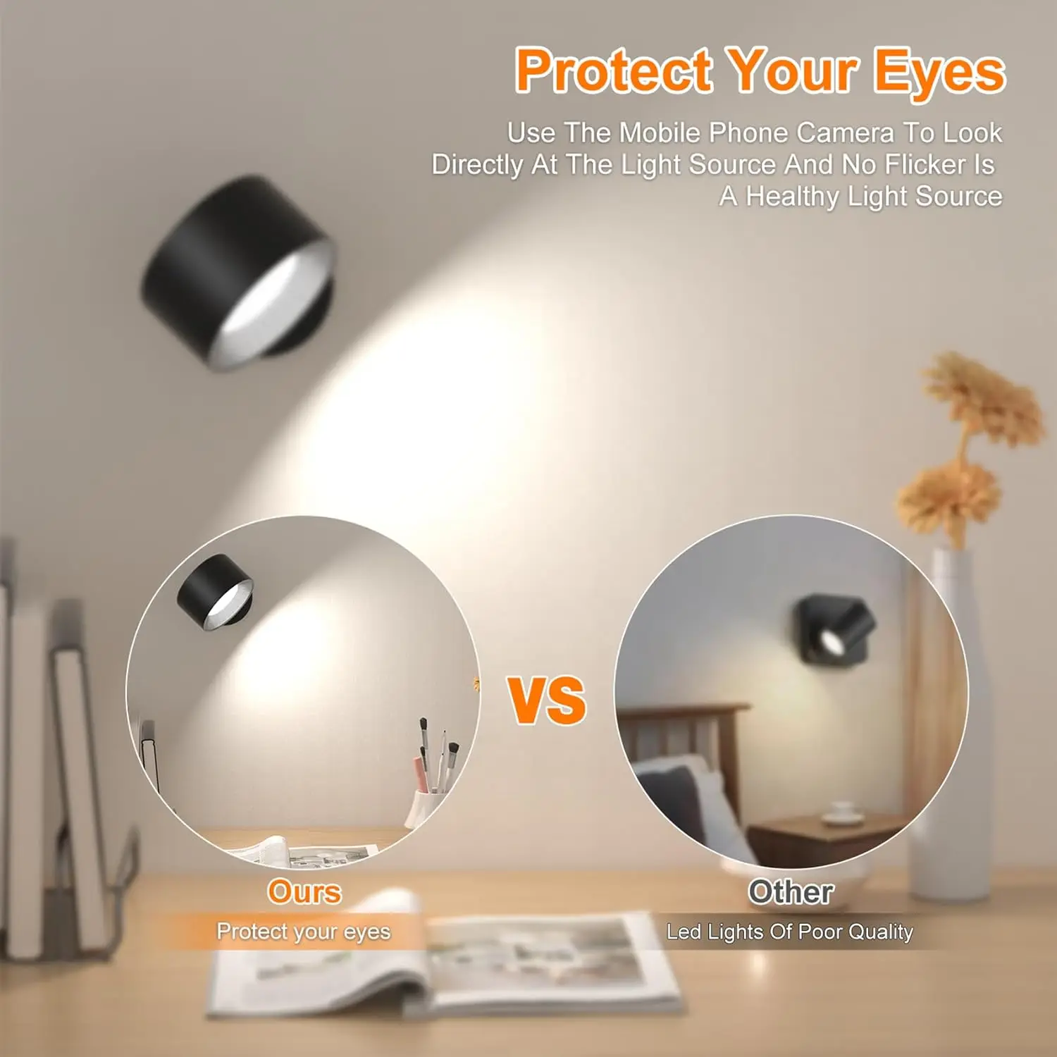 Luces de pared LED con control remoto, lámpara de lectura recargable montada en la pared 2000mAh, 3 colores y regulable magnético 360 °   podrida podrida