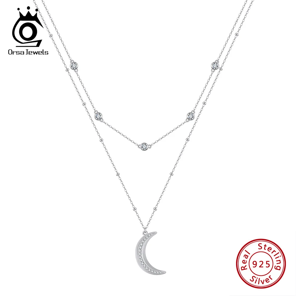 

ORSA JEWELS Moon Shape Pendant Necklace 5A Clear CZ Neck Chain Genuine 925 Sterling Silver for Women Fashion Fine Jewelry BQN12