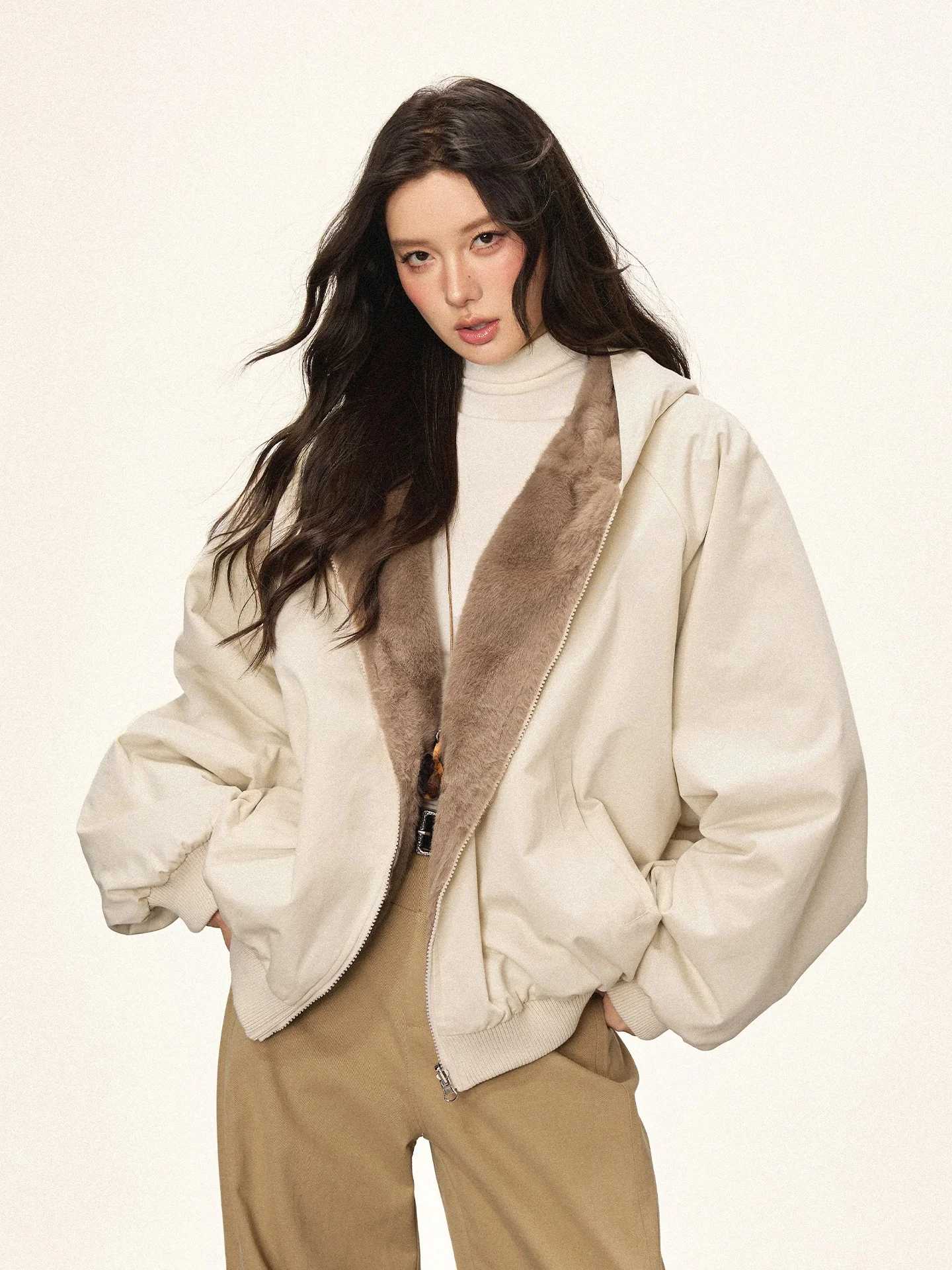 

American Style Women's Thickened Fleece Lined Loose Fit Hooded Jacket Autumn Winter Casual Outerwear Long Sleeve Zipper Closure
