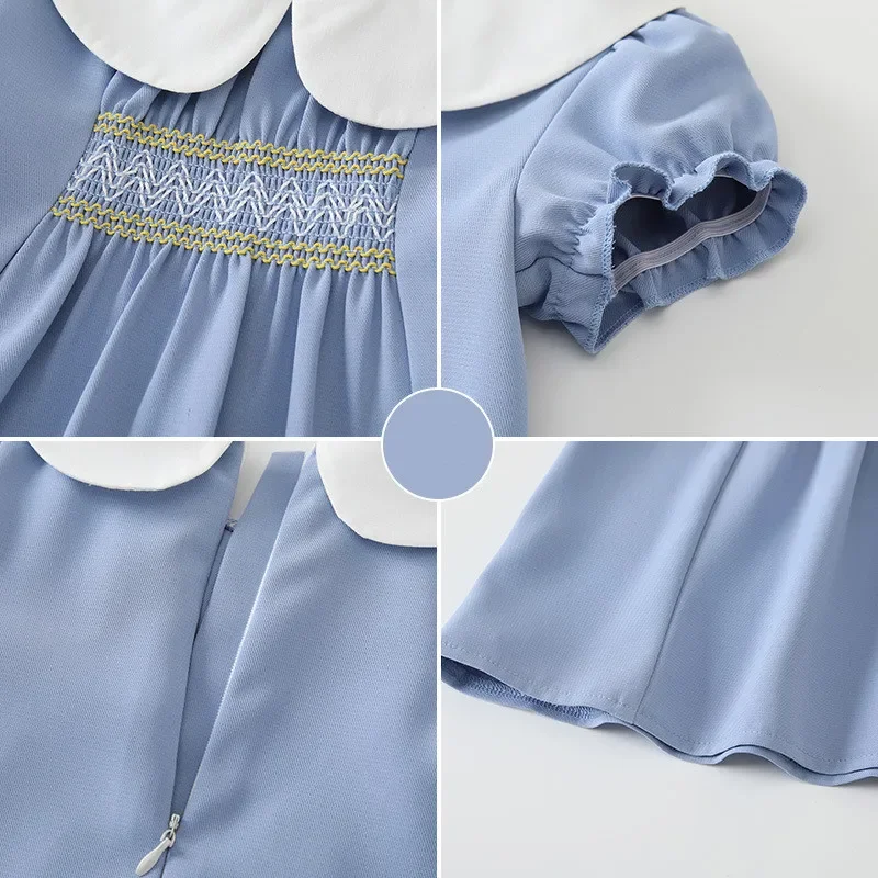 2024 Baby Kids Matching Children Birthday Party Clothes Luxurious Summer Girls Blue Ruffled Smocked Dresses Embroidery Outfit