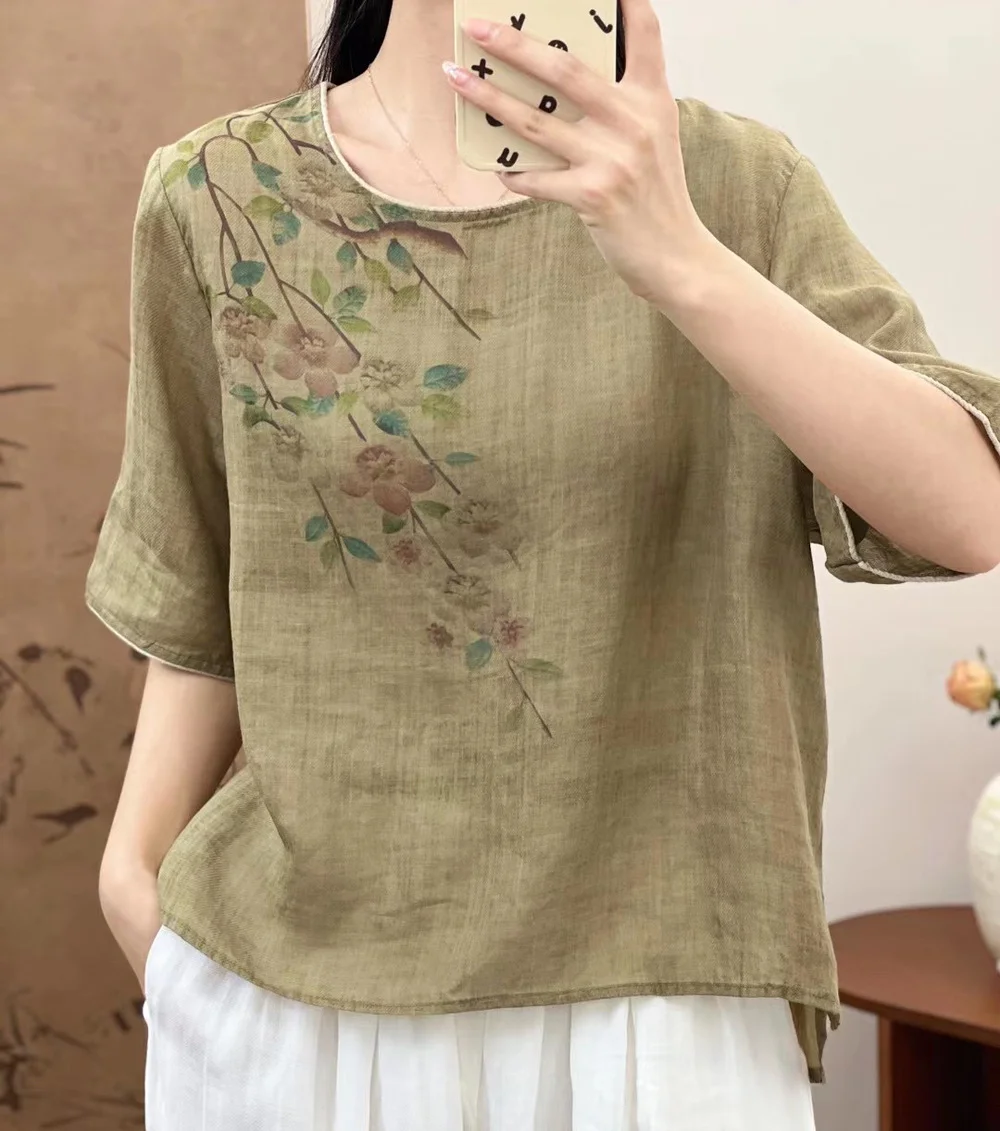 Cotton linen summer blouses for women 2024 middle-aged women's clothing Japan style short sleeve shirts large size tops