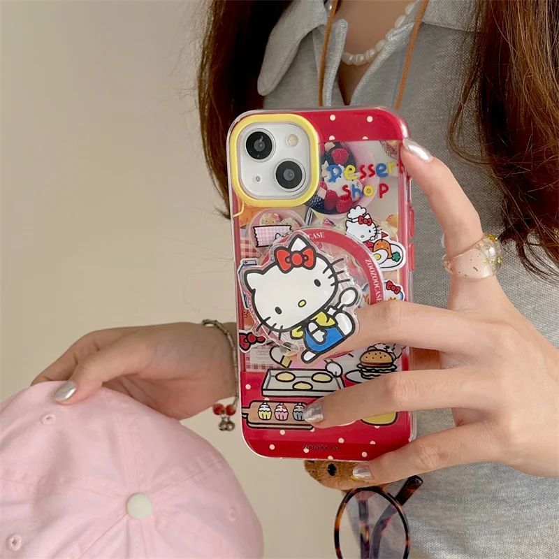 Karikatür sevimli şef Hello Kitty Magsafe kablosuz şarj telefon kılıfı için iPhone 13 14 15 Pro Max 16 Pro güzel manyetik standı kapak