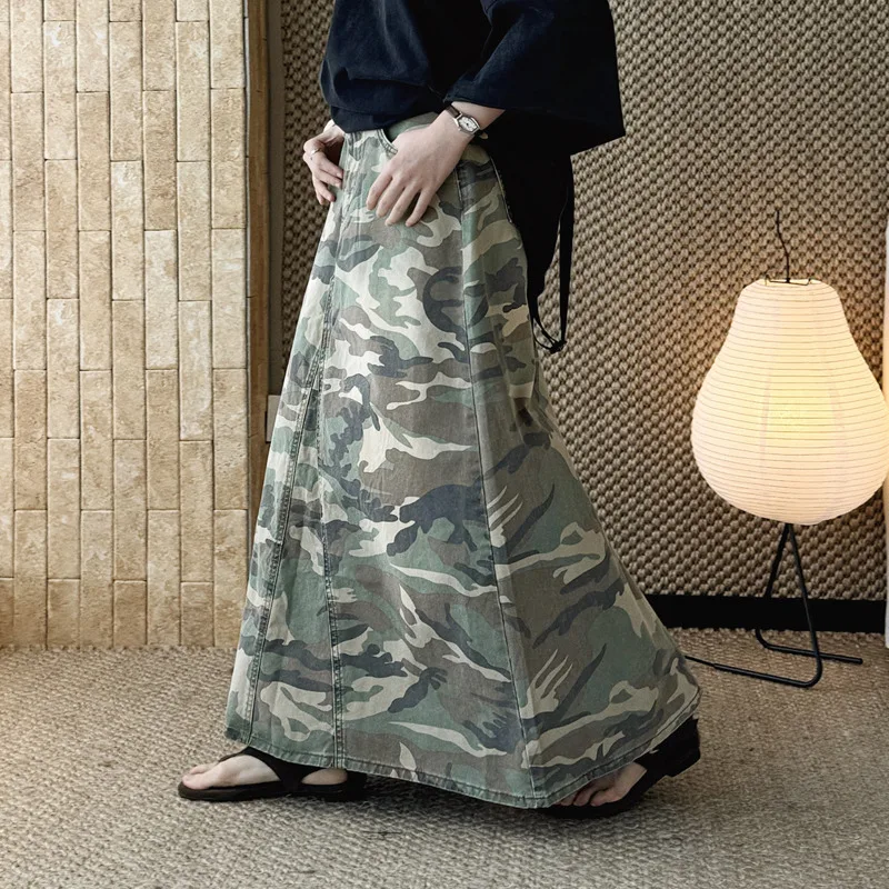 ANJY Summer New Women Tide American Safari Style Camouflage Patchwork Denim Loose Skirt Stylish Trendy Split Daily Skirts A21461