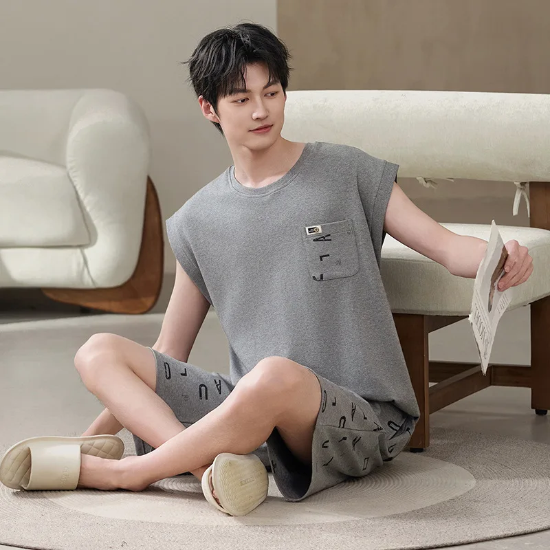 Sleeveless Shorts 2Pcs/set Men Thin Cotton Sleepwear Set Summer Breathable Cool Fabric Plus Size Casual Outdoor Home Pajamas