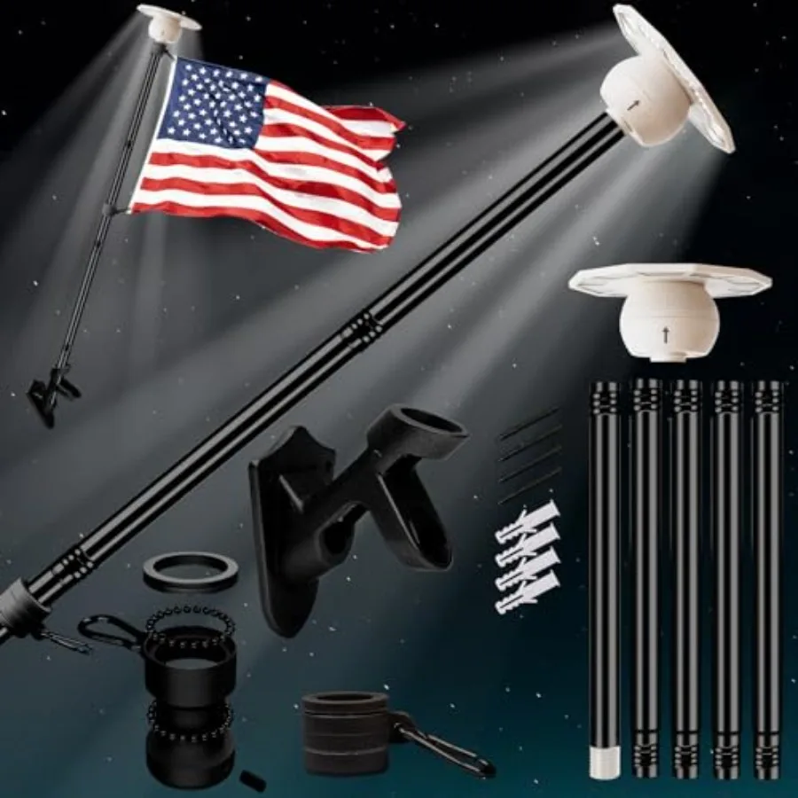 

5FT Flag Pole Kit with Solar Light and 3x5FT American Flag Stainless Steel Flagpole with 120LED Solar Light Dusk to Dawn Wall M